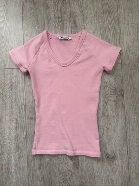 Zara Light Pink Scoop Neck Short Sleeve Top